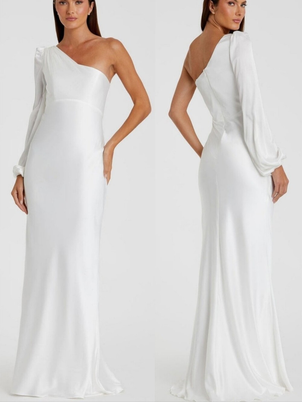 Ieena Mac Duggal 55401 White One Shoulder Satin Maxi Dress Wedding Gown 0 NWT